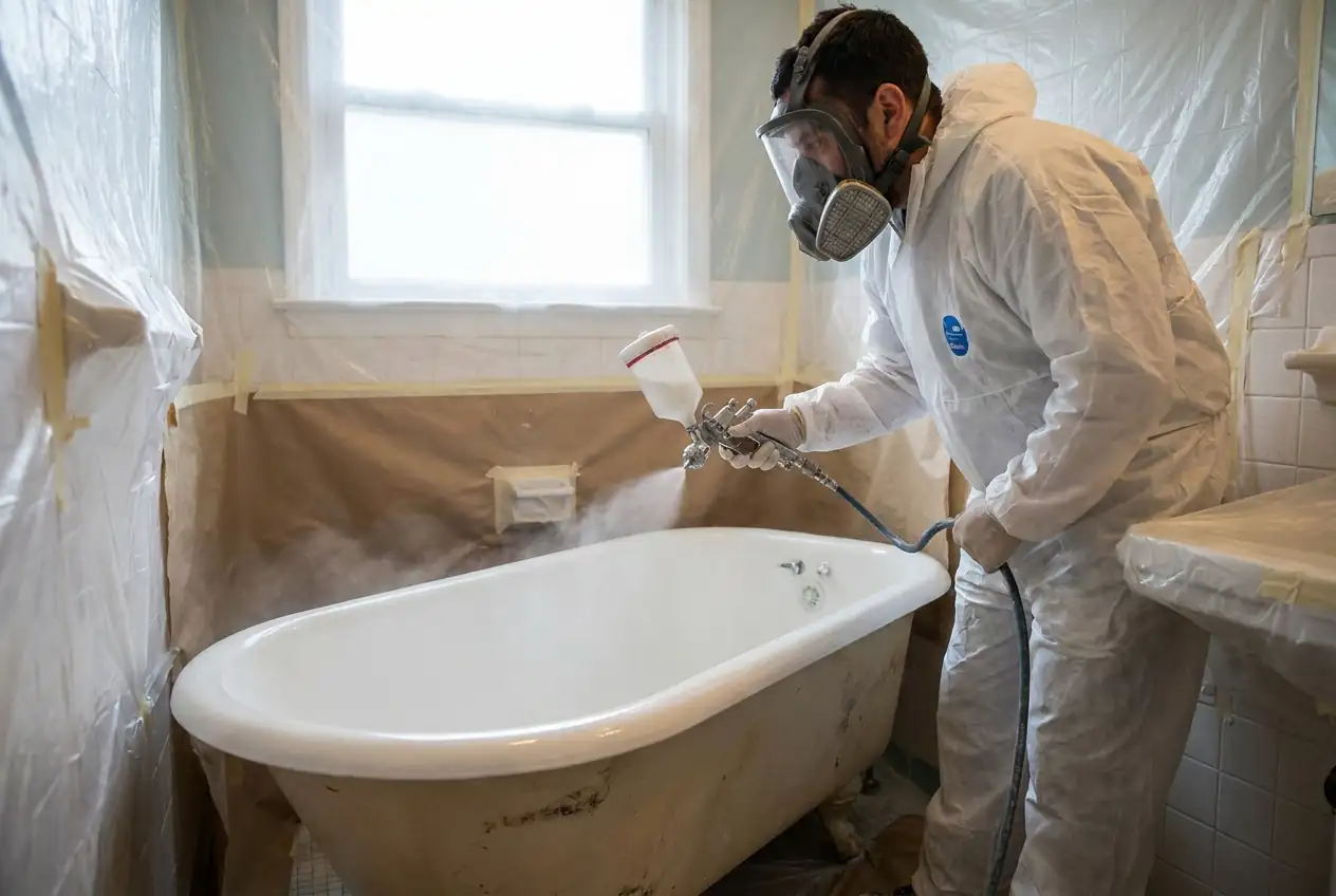 A freshly reglazed white bathtub shining in a tiled bathroom